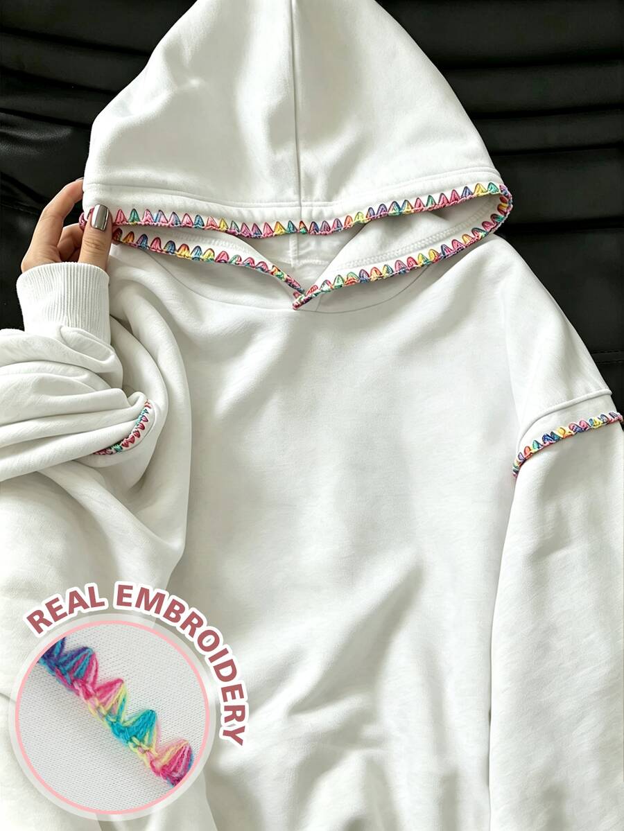 Resyla 女款白色彩虹刺繡運動衫,簡約學院風秋季上衣,休閒街頭日常穿搭,送給朋友的禮物 - 白色 - 查看 1