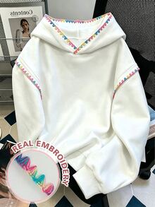 Resyla 女款白色彩虹刺繡運動衫，簡約學院風秋季上衣，休閒街頭日常穿搭，送給朋友的禮物 - 白色 - 查看 3