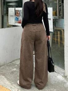 Dazy Plus 棕色綁帶寬鬆寬腿牛仔褲，街頭休閒博主風，大尺碼女款四季牛仔長褲，秋季 - 棕色 - 查看 4