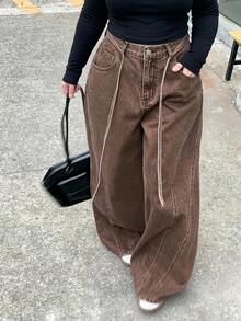 Dazy Plus 棕色綁帶寬鬆寬腿牛仔褲，街頭休閒博主風，大尺碼女款四季牛仔長褲，秋季 - 棕色 - 查看 1