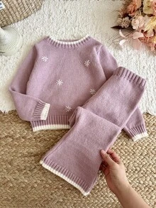 SHEIN 女童針織花卉圖案圓領休閒毛衣與長褲兩件套，加絨磨毛加厚，適合秋冬冬季 - 藕粉色 - 查看 4