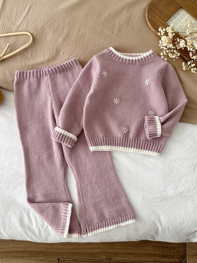 LMoss Kids Young Girl Knit Floral Pattern Crew Neck Casual Sweater And Long Autumn Pants 2 Pieces Set, Fleece Lined Brushed Thick, Suitable For Winter