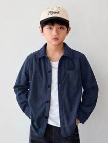SHEIN Little Byeori Kids Tween Boy Solid Color Single-Breasted Casual Daily Wear Shirt - Navy Blue - View 6