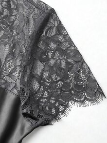 Elenzga 春夏新款經典芭蕾性感三角鏤空蕾絲連身衣，適合舞蹈、夜晚外出、瑜伽、疊穿等多用途，深灰色 - 灰色 - 查看 7