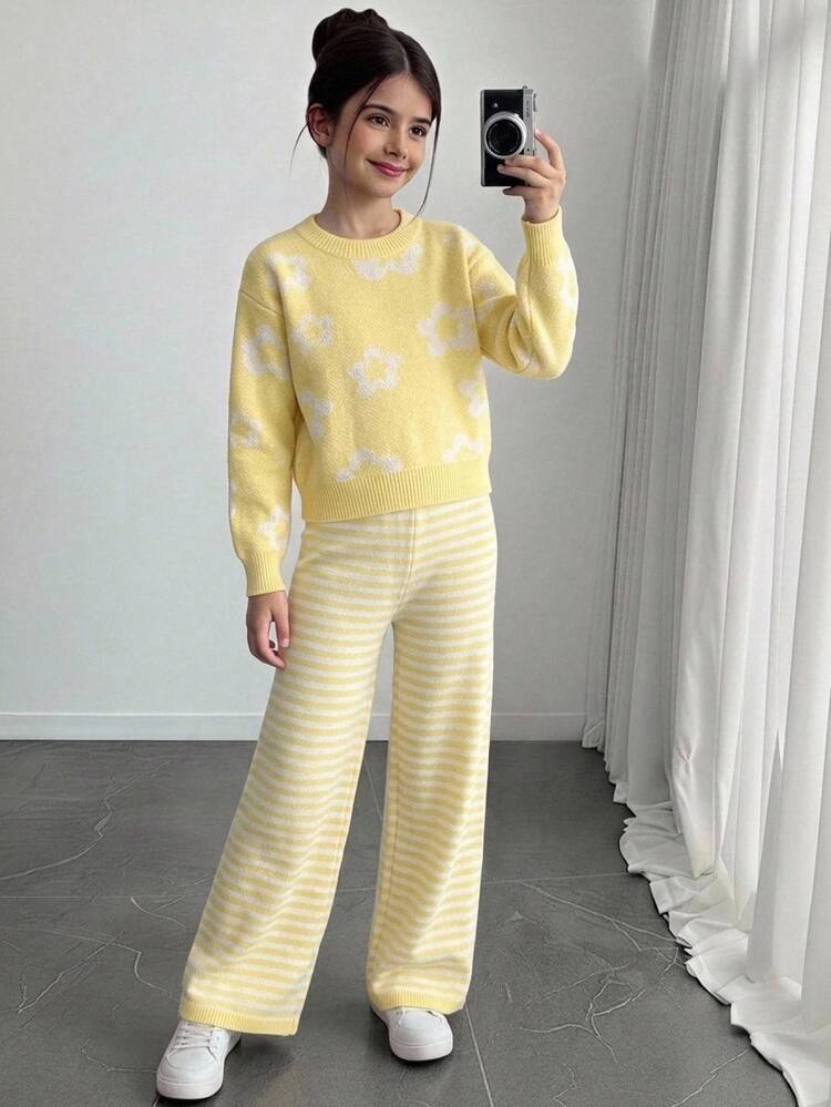 Fall Clothes Winter Tween Girls Yellow Long Sleeve Jacquard Floral Sweater & Skirt Set, Back To School, Cozy Soft, Festival Outfits Christmas - Yellow - View 9