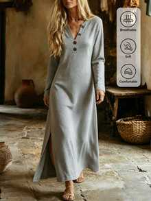 Zayélia American Vintage Western Style Solid Color Henley V-Neck Button-Front Long Sleeve Dress For Women Loose Drape Side Slit Casual Knit Long Dress - Grey - View 3