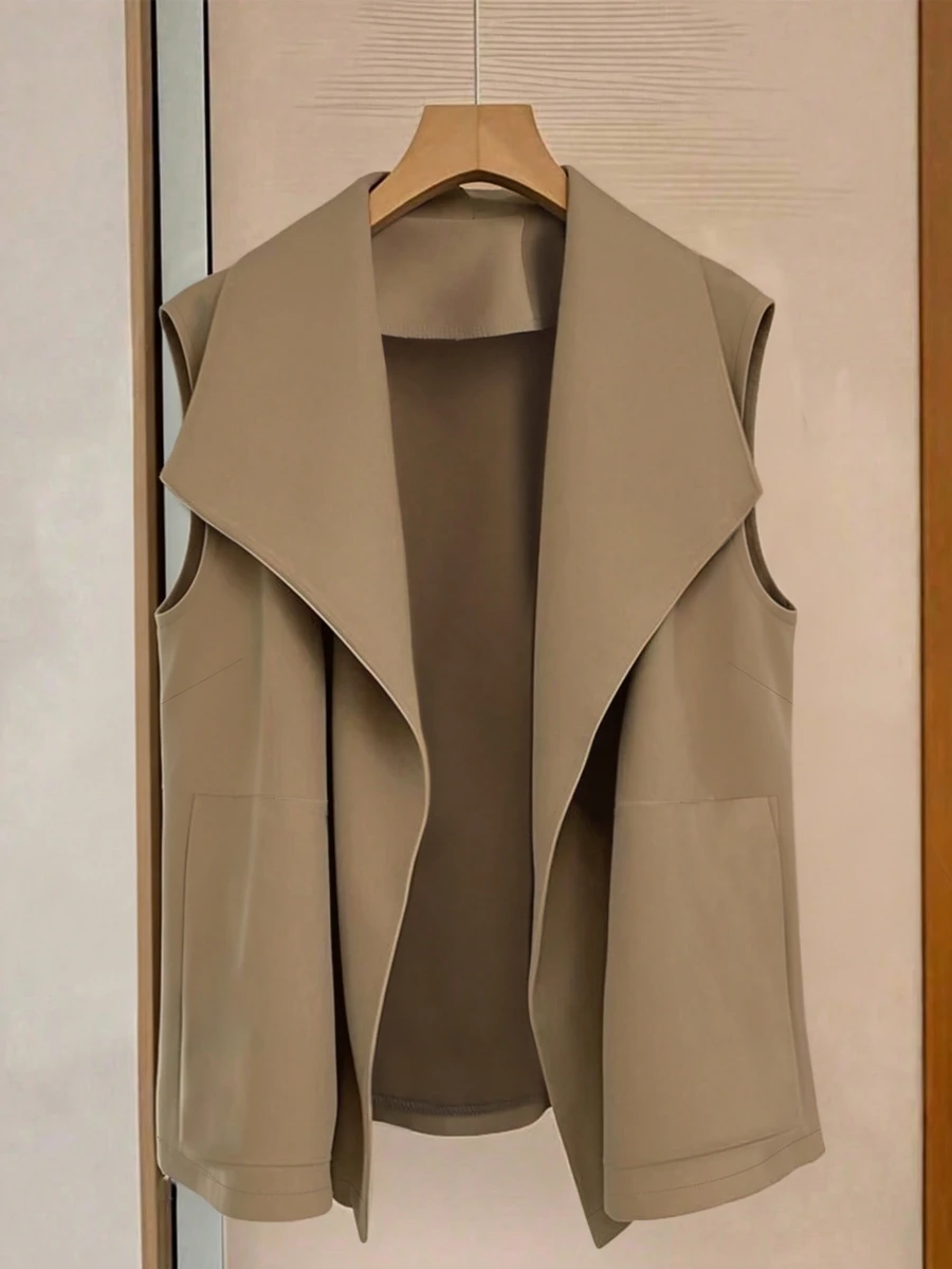 GlowEve CURVE Plus Size Women Casual Sleeveless Short Solid Color Blazer - Khaki - View 1