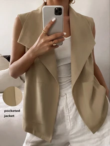 GlowEve CURVE Plus Size Women Casual Sleeveless Short Solid Color Blazer - Khaki - View 8