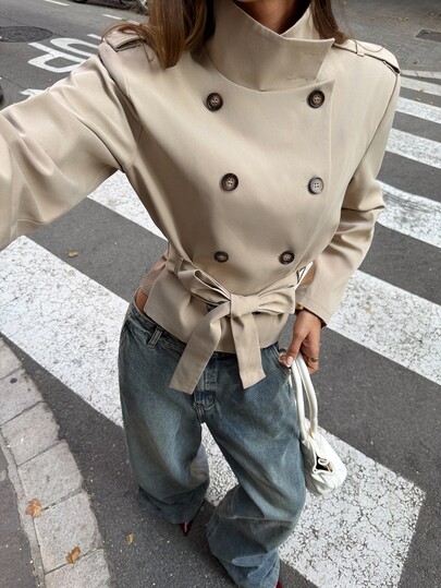 Aloruh Light Apricot Khaki Trench Coat Jacket, Wide, Casual For Early Autumn Fall Clothing Short Trench Coat Fall Outfits Apricot Trench Coat Short Trench