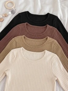SHEIN 嬰兒男嬰女嬰 8件套 彈性羅紋圓領寬鬆套頭上衣 休閒百搭內搭長褲 加厚款 適合秋冬 - 彩色 - 查看 3