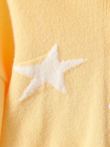 青少年女孩黃色休閒清新短版星星提花針織連帽開襟毛衣，秋冬返校女童服飾 - 黃色 - 查看 4