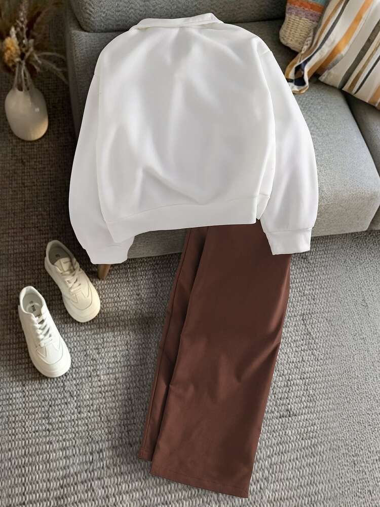 SHEIN 2pcs/Set Girls Vintage College Style Campus School Daily Outing Spring Autumn Half-Zip Lapel English Print Short Sweatshirt & Drapey Dark Brown Wide Leg Casual Long Pants Set - Brown - View 2