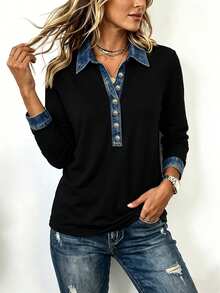 EMERY ROSE Recommended Best-Selling Casual Design Faux Denim Color Block Patchwork Polo Collar Women's Long Sleeve Top, Suitable For Daily Shopping, Dating And Commuting, Back To School Season, Loose And Slimming, Versatile Style For All Seasons - Multicolor - View 5