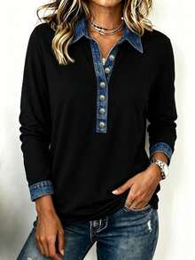 EMERY ROSE Recommended Best-Selling Casual Design Faux Denim Color Block Patchwork Polo Collar Women's Long Sleeve Top, Suitable For Daily Shopping, Dating And Commuting, Back To School Season, Loose And Slimming, Versatile Style For All Seasons - Multicolor - View 7