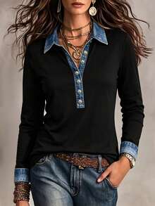 EMERY ROSE Recommended Best-Selling Casual Design Faux Denim Color Block Patchwork Polo Collar Women's Long Sleeve Top, Suitable For Daily Shopping, Dating And Commuting, Back To School Season, Loose And Slimming, Versatile Style For All Seasons - Multicolor - View 4