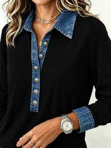 EMERY ROSE Recommended Best-Selling Casual Design Faux Denim Color Block Patchwork Polo Collar Women's Long Sleeve Top, Suitable For Daily Shopping, Dating And Commuting, Back To School Season, Loose And Slimming, Versatile Style For All Seasons - Multicolor - View 8