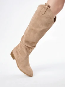ROMWE Fairycore Sepatu Bot Wanita Model Slip-On Ujung Lancip Chelsea Model Riding Boots, Sepatu Bot Gaya Barat Panjang Berlipit untuk Musim Gugur/Dingin, Pesta - Khaki - View 5