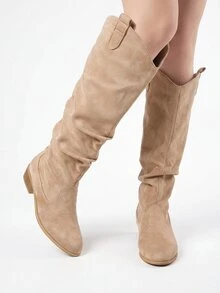 ROMWE Fairycore Sepatu Bot Wanita Model Slip-On Ujung Lancip Chelsea Model Riding Boots, Sepatu Bot Gaya Barat Panjang Berlipit untuk Musim Gugur/Dingin, Pesta - Khaki - View 2