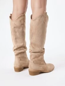 ROMWE Fairycore Sepatu Bot Wanita Model Slip-On Ujung Lancip Chelsea Model Riding Boots, Sepatu Bot Gaya Barat Panjang Berlipit untuk Musim Gugur/Dingin, Pesta - Khaki - View 4