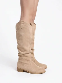ROMWE Fairycore Sepatu Bot Wanita Model Slip-On Ujung Lancip Chelsea Model Riding Boots, Sepatu Bot Gaya Barat Panjang Berlipit untuk Musim Gugur/Dingin, Pesta - Khaki - View 3