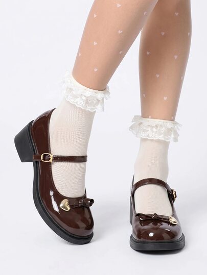 ROMWE Kawaii Brown Glossy Mary Jane Shoes With Heart Bow Strap And Chunky Heel, Commuter Women's Shoes