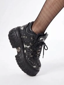 ROMWE Grunge Punk 女款心形鞋舌金屬扣粗底方跟龐克哥德風日常派對踝靴 - 白黑 - 查看 3