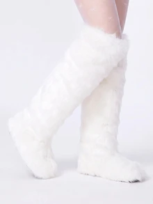 ROMWE Kawaii 新款冬季蓬松内衬高帮保暖雪地靴，圆头仿狐狸毛女式冬季高筒靴，圣诞派对氛围，完美搭配毛衣裙、及膝靴 - 白色 - 查看 3