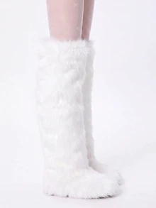 ROMWE Kawaii 新款冬季蓬松内衬高帮保暖雪地靴，圆头仿狐狸毛女式冬季高筒靴，圣诞派对氛围，完美搭配毛衣裙、及膝靴 - 白色 - 查看 5