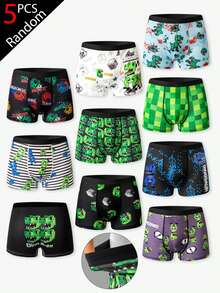 Random 5pcs/Set Boys Comfortable Square Pixel Dinosaur Multi-Color Minimalist Series Print Boxer Briefs, Fashionable Cartoon Print Underwear For Boys - Multicolor - View 1