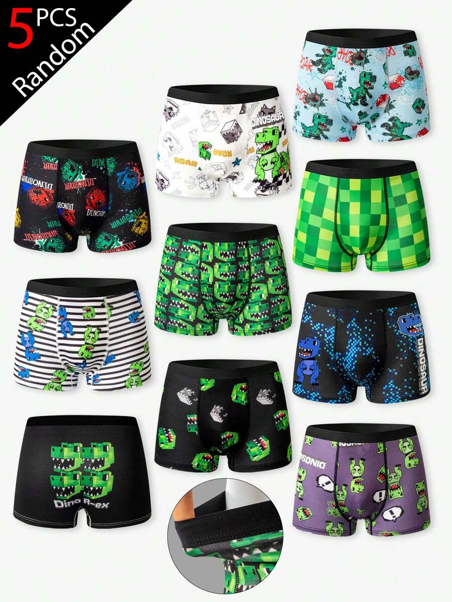 Random 5pcs/Set Boys Comfortable Square Pixel Dinosaur Multi-Color Minimalist Series Print Boxer Briefs, Fashionable Cartoon Print Underwear For Boys - Multicolor - View 1