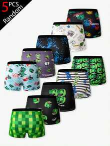 Random 5pcs/Set Boys Comfortable Square Pixel Dinosaur Multi-Color Minimalist Series Print Boxer Briefs, Fashionable Cartoon Print Underwear For Boys - Multicolor - View 2