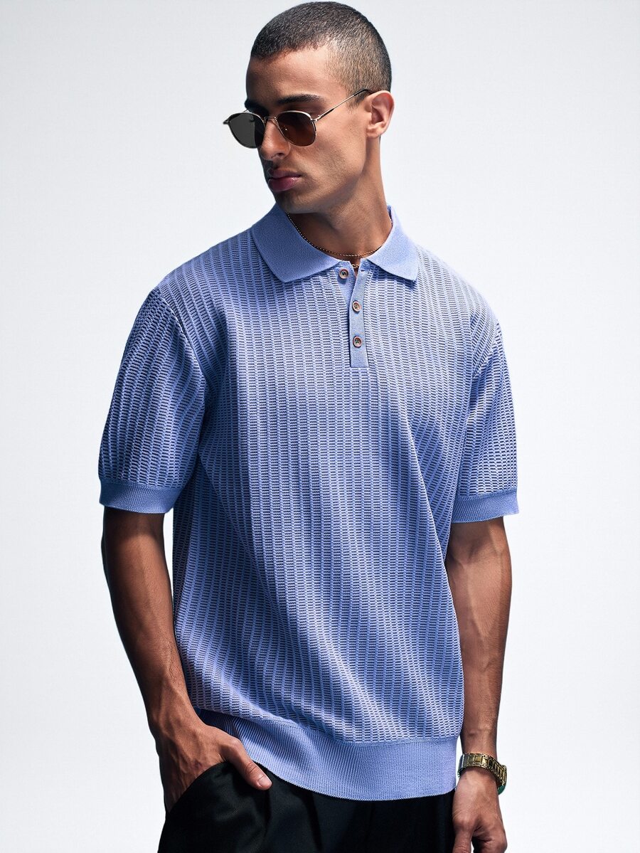 NobleFwd Men's Casual Minimalist Short Sleeve Knit Sweater Polos For Men Spring And Summer Knitted Top Easter - Blue - View 1