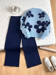 秋季冬季大童女孩甜美長袖提花花卉針織衫與裙子套裝，返校穿搭，舒適柔軟，節慶造型聖誕節 - 藏蓝色 - 查看 2