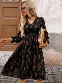Brillora Women's Printed Pleated Long Sleeve Midi Dress, Coffee Brown, Autumn, Pastoral Style, Vacation, Holiday Drawstring Waist Bohemian Elegant - Black - View 2