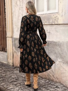 Brillora Women's Printed Pleated Long Sleeve Midi Dress, Coffee Brown, Autumn, Pastoral Style, Vacation, Holiday Drawstring Waist Bohemian Elegant - Black - View 3