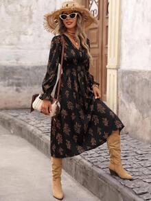 Brillora Women's Printed Pleated Long Sleeve Midi Dress, Coffee Brown, Autumn, Pastoral Style, Vacation, Holiday Drawstring Waist Bohemian Elegant - Black - View 11