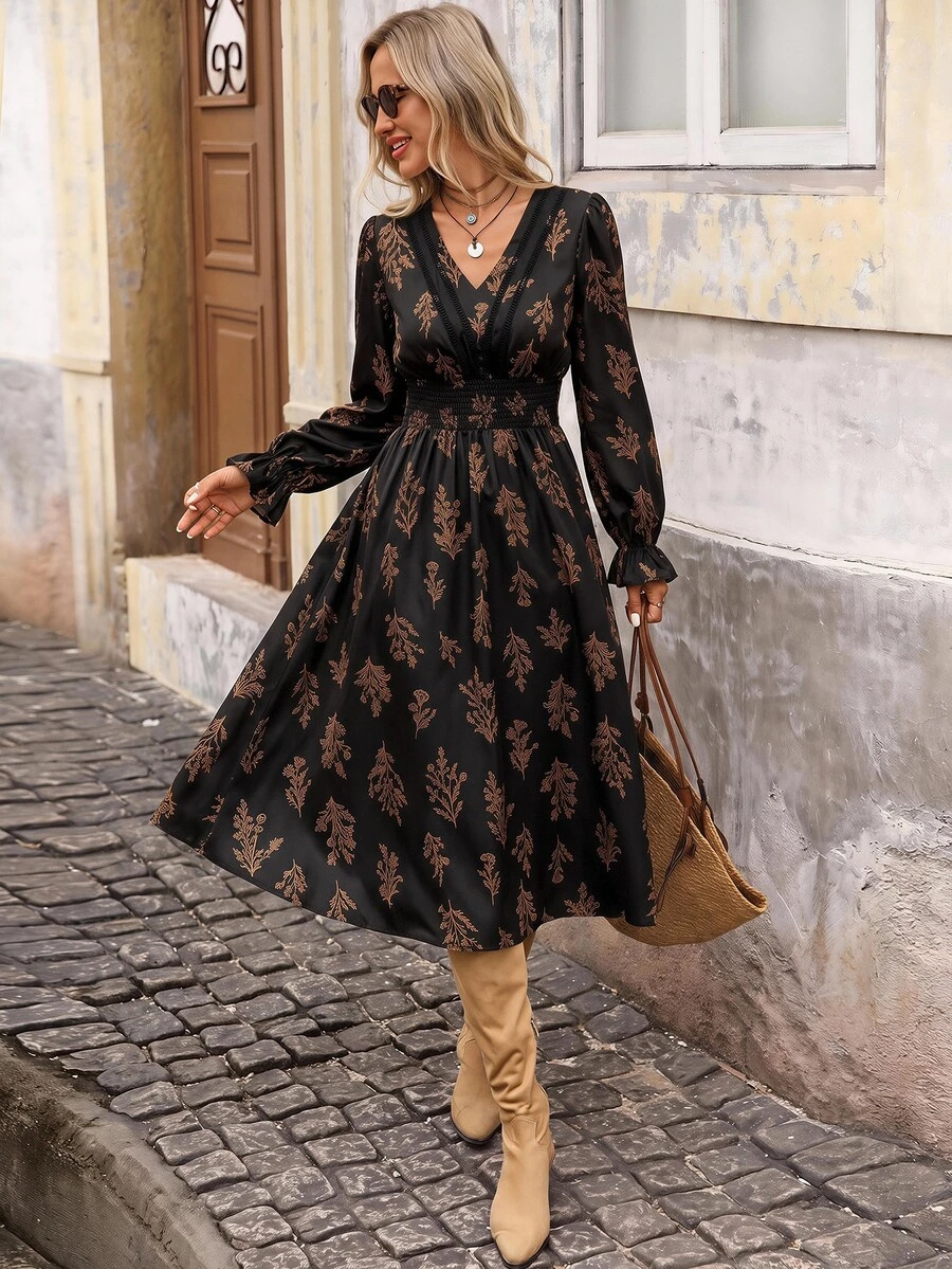 Brillora Women's Printed Pleated Long Sleeve Midi Dress, Coffee Brown, Autumn, Pastoral Style, Vacation, Holiday Drawstring Waist Bohemian Elegant - Black - View 1