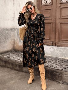 Brillora Women's Printed Pleated Long Sleeve Midi Dress, Coffee Brown, Autumn, Pastoral Style, Vacation, Holiday Drawstring Waist Bohemian Elegant - Black - View 6