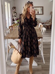 Brillora Women's Printed Pleated Long Sleeve Midi Dress, Coffee Brown, Autumn, Pastoral Style, Vacation, Holiday Drawstring Waist Bohemian Elegant - Black - View 10