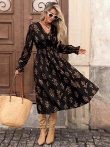 Brillora Women's Printed Pleated Long Sleeve Midi Dress, Coffee Brown, Autumn, Pastoral Style, Vacation, Holiday Drawstring Waist Bohemian Elegant - Black - View 5