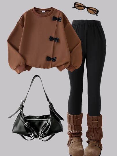 SHEIN Girls Korean Style Energetic Brown Sweatshirt & Ribbon Bow Fitted Long Pants 2pcs Set, Casual Long Sleeve Outfit For Spring Autumn Winter, Thermal Lined Thickened
