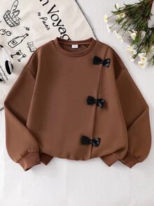 SHEIN Sparklyn 两件套女童韩版活力棕色卫衣（带蝴蝶结）+修身长裤，春秋季休闲长袖套装 - 棕色 - 查看 5