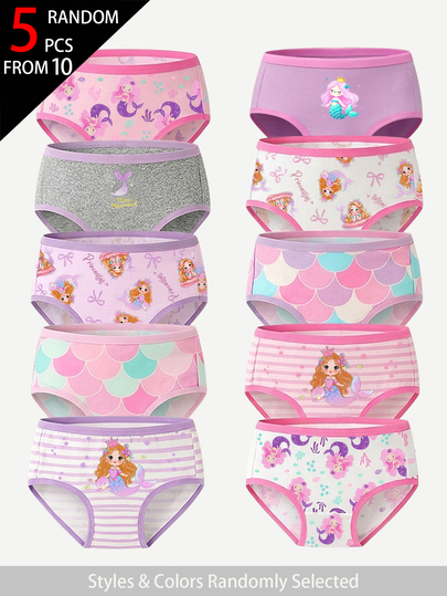 SHEIN [Random 5-Pack] Girls' Briefs, Pink-Purple Cute Bow & Mermaid Prints, Sweet Back-To-School Gift For Young Girls Autumn Fall
