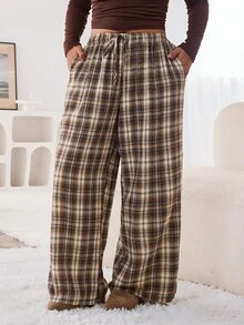Solflare Plus Size Women's Plaid Drawstring Waist Casual Versatile Wide Leg Pants For Daily Wear - Multicolor - View 4