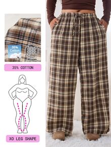 Solflare Plus Size Women's Plaid Drawstring Waist Casual Versatile Wide Leg Pants For Daily Wear - Multicolor - View 1