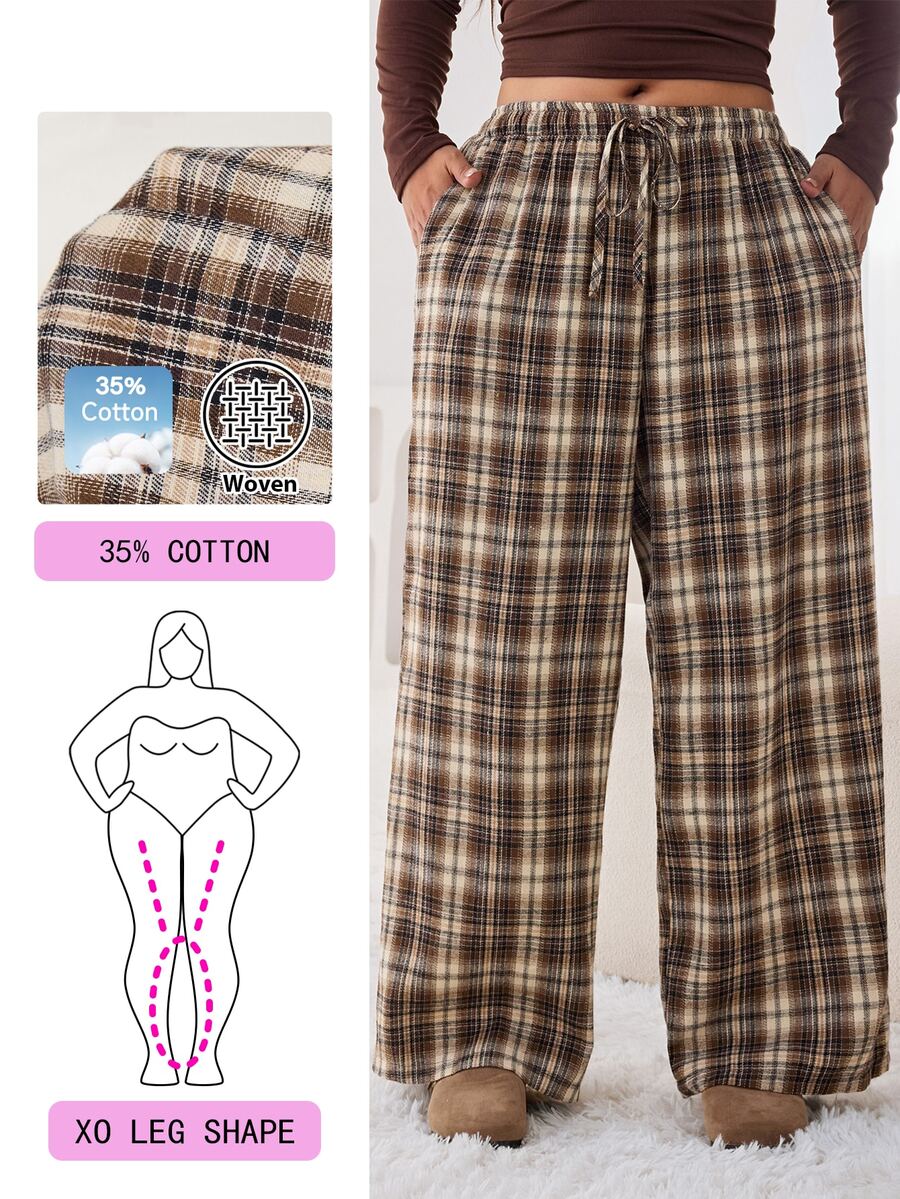 Solflare Plus Size Women's Plaid Drawstring Waist Casual Versatile Wide Leg Pants For Daily Wear - Multicolor - View 1