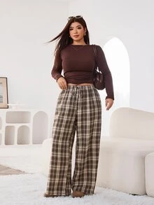 Solflare Plus Size Women's Plaid Drawstring Waist Casual Versatile Wide Leg Pants For Daily Wear - Multicolor - View 5