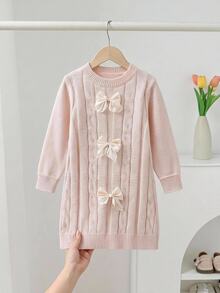 Young Girl Bowknot Decor Round Neck Casual Daily Knit Dress Autumn Fall - Yellow - View 9