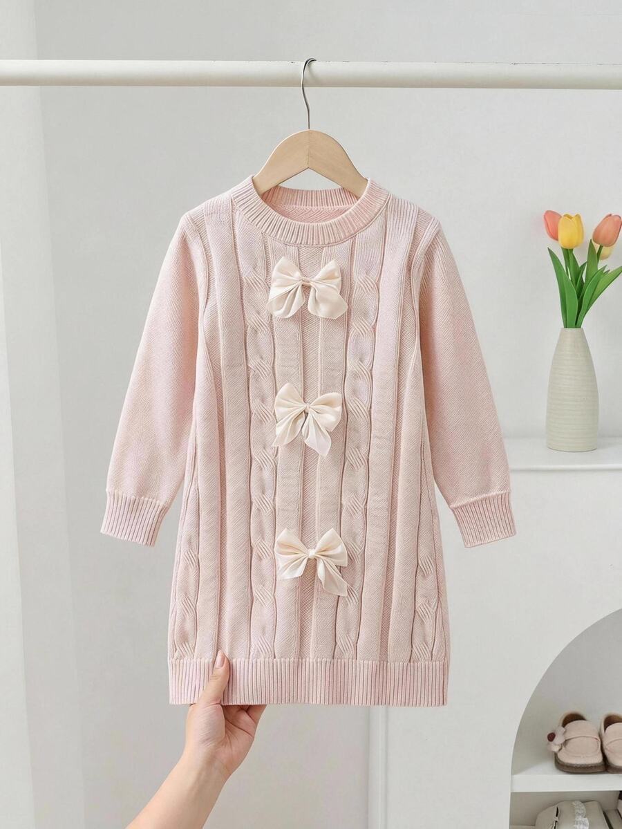 Young Girl Bowknot Decor Round Neck Casual Daily Knit Dress Autumn Fall