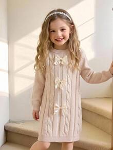 Young Girl Bowknot Decor Round Neck Casual Daily Knit Dress Autumn Fall - Yellow - View 1